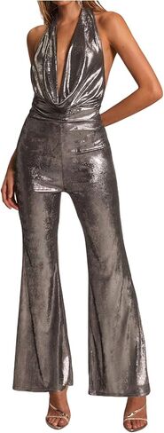 SweatyRocks Women's Halter Cowl Neck Open Back Flare Leg Metallic Jumpsuits One Piece Rave Outfits in Saudi Arabia