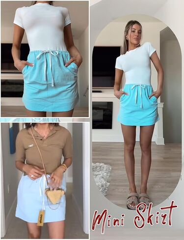 EsheSy Womens Cotton Linen Mini Skirts Summer Drawcord Waist Short A-Line Casual Beach Skirts with Pockets in Saudi Arabia