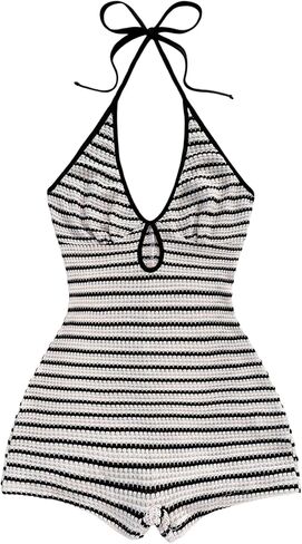 Verdusa Women's Date Night Rompers Textured Cut Out Sleeveless Halter One Piece Bodycon Jumpsuit Rave Outfits in Saudi Arabia