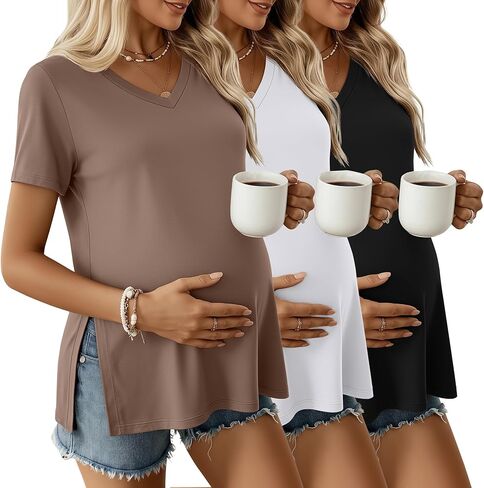 Ficerd 3 Pack Women's Maternity Shirts | Short Sleeve,Pregnancy T-Shirts, V Neck, Split Side Tops, Casual, Soft, Maternity Clothes in Saudi Arabia
