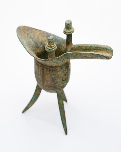Lawrence & Scott Verdigris Bronze Chinese Wine Vessel (Jué) Unique Tabletop Decor in Saudi Arabia