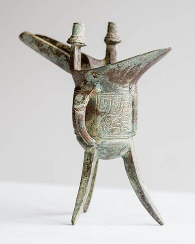 Lawrence & Scott Verdigris Bronze Chinese Wine Vessel (Jué) Unique Tabletop Decor in Saudi Arabia