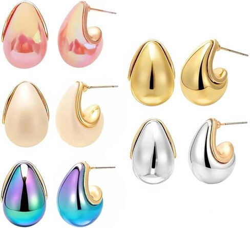 Fashion Forward Chunky Stud Earrings, 5Sets woman jewelry sets, earings set, water drop earings in Gold , Pink , Blue , Silver , beige.large tear drop earrings for women,Modern Statement Jewelry for Women, Packaged in a gift box in Saudi Arabia
