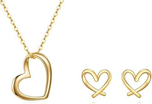 SISGEM Solid 14k Gold Open Heart Necklace and Stud Earrings Set for Women in Saudi Arabia