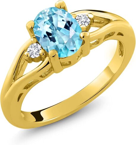Gemstone Birthstone and Lab Grown Diamond 3-Stone Engagement Ring for Women | 18K Yellow Gold Plated Silver | Oval 8X6MM and Round 2MM | Three-Stone Wedding Anniversary Promise Ring | Sizes 5-9 in Saudi Arabia