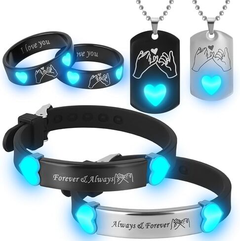 6/Pcs Set Glowing Matching Couple Ring Bracelets Necklaces for Boyfriend Girlfriend Husband Wife Valentines Anniversary Birthday Engagement Gifts in Saudi Arabia