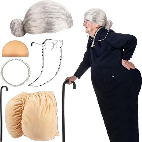 Zhanmai 7 Pcs Old Lady Cosplay Costume Set Women's Butt Cheeks Costume Old Lady Granny Glasses Foldable Crutch Granny Wig(Gray White Classic Hair) in Saudi Arabia