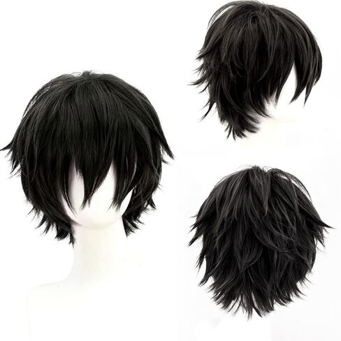 Men's Anime Short Black Cosplay Wig,Unisex Short Layered Synthetic Accessory Hair Wig+Hair Cap for Cosplay Halloween Costume in Saudi Arabia