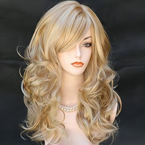 Long Blonde Mix Brown Curly Wavy Wigs with Bangs for Women Synthetic Hair for Cosplay Halloween Costume Party,22inch in Saudi Arabia