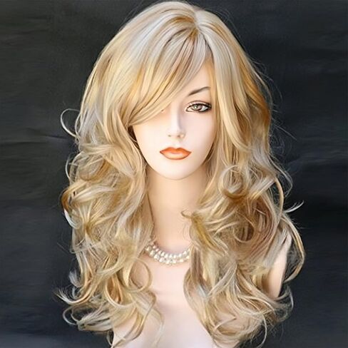 Long Blonde Mix Brown Curly Wavy Wigs with Bangs for Women Synthetic Hair for Cosplay Halloween Costume Party,22inch in Saudi Arabia