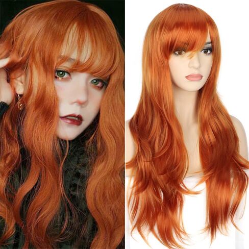 Long Blonde Mix Brown Curly Wavy Wigs with Bangs for Women Synthetic Hair for Cosplay Halloween Costume Party,22inch in Saudi Arabia