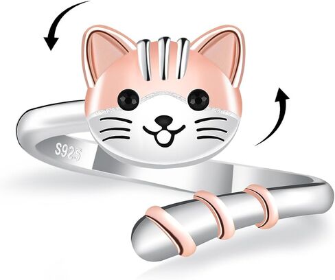 Cat Spinner Fidget Ring for Women - 925 Sterling Silver Anxiety Relief Open Adjustable ADHD Rotate Ring Mood Cute Pet Jewelry Gifts in Saudi Arabia