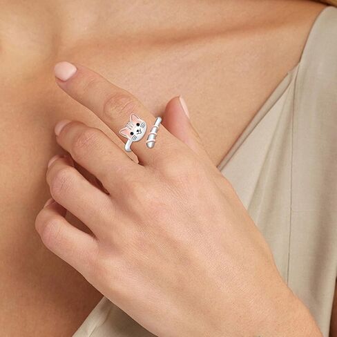 Cat Spinner Fidget Ring for Women - 925 Sterling Silver Anxiety Relief Open Adjustable ADHD Rotate Ring Mood Cute Pet Jewelry Gifts in Saudi Arabia