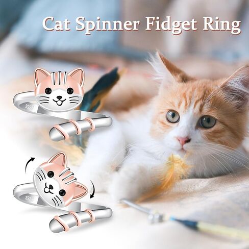 Cat Spinner Fidget Ring for Women - 925 Sterling Silver Anxiety Relief Open Adjustable ADHD Rotate Ring Mood Cute Pet Jewelry Gifts in Saudi Arabia
