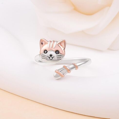 Cat Spinner Fidget Ring for Women - 925 Sterling Silver Anxiety Relief Open Adjustable ADHD Rotate Ring Mood Cute Pet Jewelry Gifts in Saudi Arabia