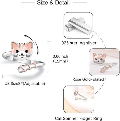 Cat Spinner Fidget Ring for Women - 925 Sterling Silver Anxiety Relief Open Adjustable ADHD Rotate Ring Mood Cute Pet Jewelry Gifts in Saudi Arabia
