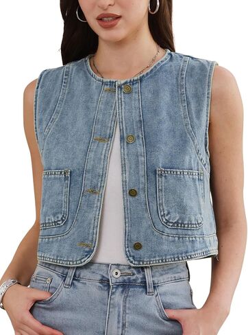Allegra K Denim Vest for Women Sleeveless Crew Neck Button Down Western Jean Waistcoat Jacket in Saudi Arabia