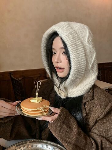 Solyinne وشاح للنساء المتضخم الصوف متماسكة بالاكلافا قبعة مكتنزة كابل متماسكة وشاح مقنعين القرن أزرار بلوفر شتوي القبعات in Kuwait