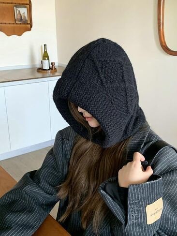 Solyinne وشاح للنساء المتضخم الصوف متماسكة بالاكلافا قبعة مكتنزة كابل متماسكة وشاح مقنعين القرن أزرار بلوفر شتوي القبعات in Kuwait