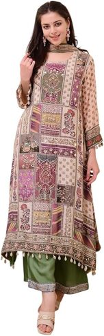 Traditional Kurti Set for Women | Chinon Fabric Kurta Palazzo & Chiffon Dupatta | 3-Piece Ethnic Outfit for Party Wear in Saudi Arabia