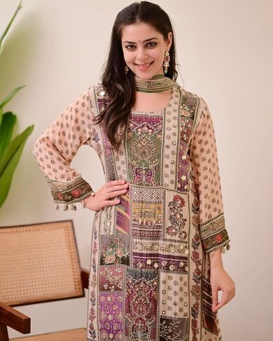 Traditional Kurti Set for Women | Chinon Fabric Kurta Palazzo & Chiffon Dupatta | 3-Piece Ethnic Outfit for Party Wear in Saudi Arabia