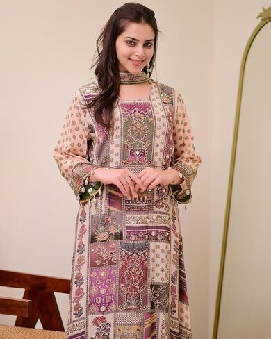 Traditional Kurti Set for Women | Chinon Fabric Kurta Palazzo & Chiffon Dupatta | 3-Piece Ethnic Outfit for Party Wear in Saudi Arabia