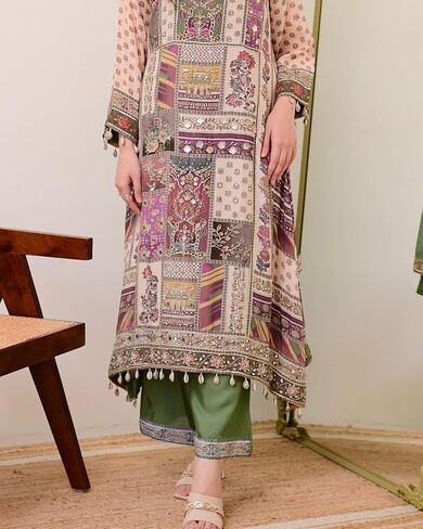 Traditional Kurti Set for Women | Chinon Fabric Kurta Palazzo & Chiffon Dupatta | 3-Piece Ethnic Outfit for Party Wear in Saudi Arabia