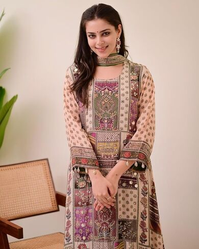 Traditional Kurti Set for Women | Chinon Fabric Kurta Palazzo & Chiffon Dupatta | 3-Piece Ethnic Outfit for Party Wear in Saudi Arabia