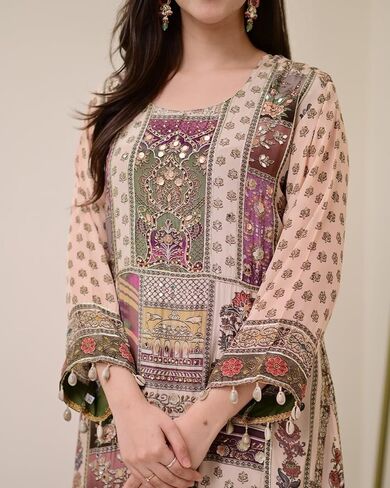 Traditional Kurti Set for Women | Chinon Fabric Kurta Palazzo & Chiffon Dupatta | 3-Piece Ethnic Outfit for Party Wear in Saudi Arabia