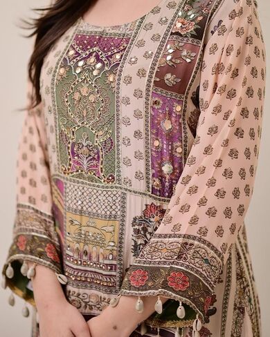 Traditional Kurti Set for Women | Chinon Fabric Kurta Palazzo & Chiffon Dupatta | 3-Piece Ethnic Outfit for Party Wear in Saudi Arabia