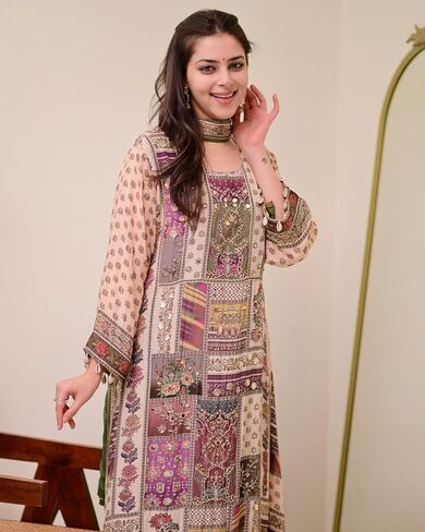 Traditional Kurti Set for Women | Chinon Fabric Kurta Palazzo & Chiffon Dupatta | 3-Piece Ethnic Outfit for Party Wear in Saudi Arabia