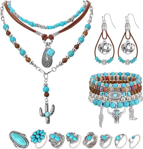 SANSTHS Bohemian Western Jewelry Set Turquoise Necklace Earrings Bracelets Rings Western Accessories for Women Cowgirl Gifts in Saudi Arabia