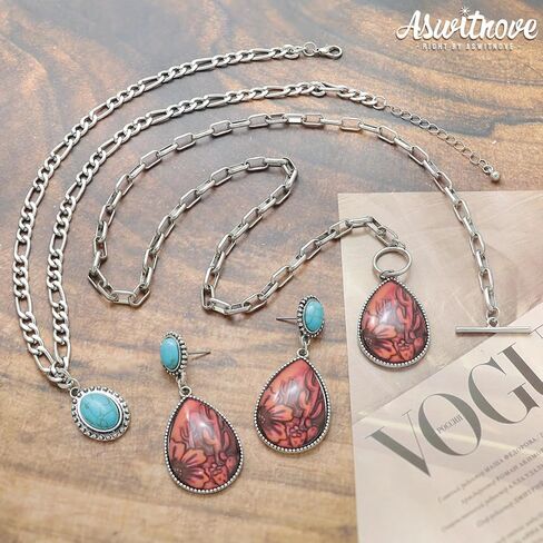 3 Pcs Western Turquoise Jewelry for Women Bohemian Set Cactus Turquoise Necklace Boho Dangle Earrings Country Concert Cowboy Chic Outfits for Women Jewelry Gifts Xmas Stocking Stuffers in Kuwait