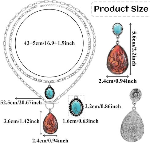 3 Pcs Western Turquoise Jewelry for Women Bohemian Set Cactus Turquoise Necklace Boho Dangle Earrings Country Concert Cowboy Chic Outfits for Women Jewelry Gifts Xmas Stocking Stuffers in Kuwait