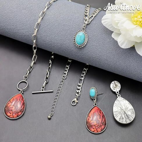 3 Pcs Western Turquoise Jewelry for Women Bohemian Set Cactus Turquoise Necklace Boho Dangle Earrings Country Concert Cowboy Chic Outfits for Women Jewelry Gifts Xmas Stocking Stuffers in Kuwait