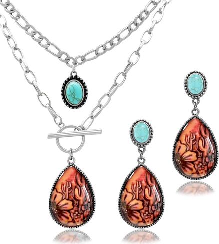 3 Pcs Western Turquoise Jewelry for Women Bohemian Set Cactus Turquoise Necklace Boho Dangle Earrings Country Concert Cowboy Chic Outfits for Women Jewelry Gifts Xmas Stocking Stuffers in Kuwait