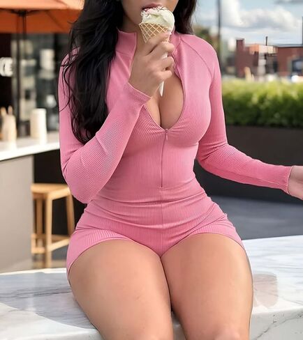 Women's Athletic Jumpsuit, Pink Ribbed Long Sleeve Bodysuit, Slim Fit Moisture Wicking Stretch Romper for Casual Wear in Saudi Arabia