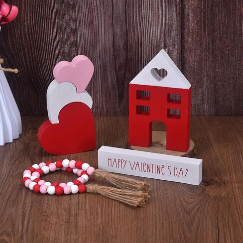 Valentine's Day Tiered Tray Decor, 6-Piece Wooden Heart & House Table Decorations for Valentines Day with Wood Bead Garland with Tassel, Happy Valentine's Day Decor for the Home Mantels (3 colors) in Saudi Arabia