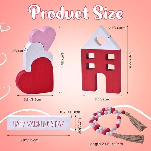 Valentine's Day Tiered Tray Decor, 6-Piece Wooden Heart & House Table Decorations for Valentines Day with Wood Bead Garland with Tassel, Happy Valentine's Day Decor for the Home Mantels (3 colors) in Saudi Arabia