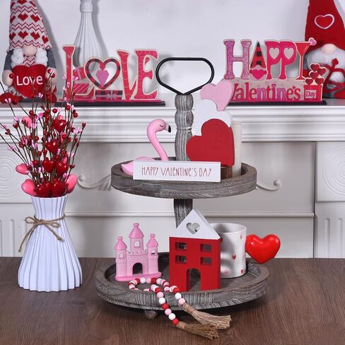 Valentine's Day Tiered Tray Decor, 6-Piece Wooden Heart & House Table Decorations for Valentines Day with Wood Bead Garland with Tassel, Happy Valentine's Day Decor for the Home Mantels (3 colors) in Saudi Arabia