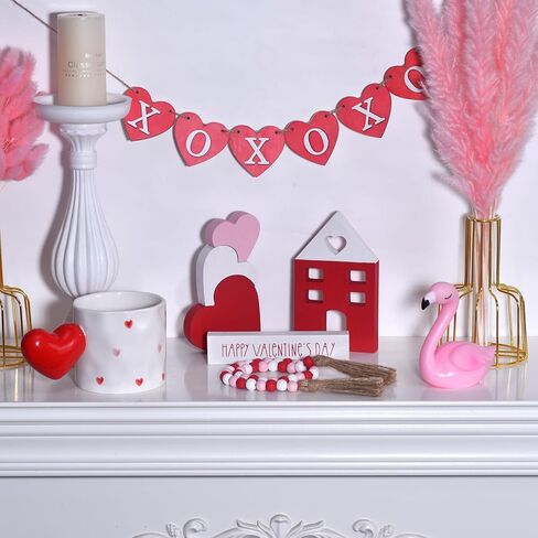 Valentine's Day Tiered Tray Decor, 6-Piece Wooden Heart & House Table Decorations for Valentines Day with Wood Bead Garland with Tassel, Happy Valentine's Day Decor for the Home Mantels (3 colors) in Saudi Arabia