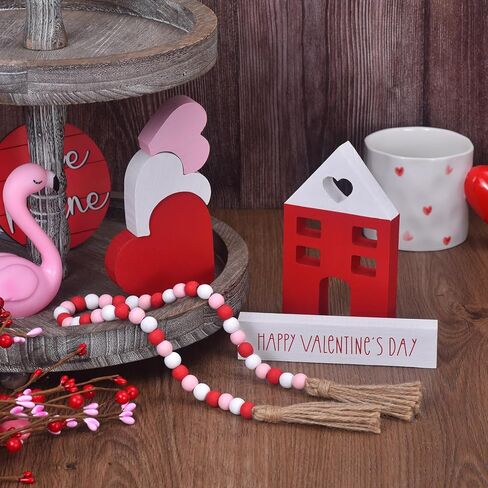 Valentine's Day Tiered Tray Decor, 6-Piece Wooden Heart & House Table Decorations for Valentines Day with Wood Bead Garland with Tassel, Happy Valentine's Day Decor for the Home Mantels (3 colors) in Saudi Arabia