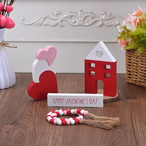 Valentine's Day Tiered Tray Decor, 6-Piece Wooden Heart & House Table Decorations for Valentines Day with Wood Bead Garland with Tassel, Happy Valentine's Day Decor for the Home Mantels (3 colors) in Saudi Arabia