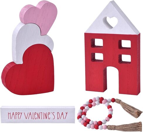 Valentine's Day Tiered Tray Decor, 6-Piece Wooden Heart & House Table Decorations for Valentines Day with Wood Bead Garland with Tassel, Happy Valentine's Day Decor for the Home Mantels (3 colors) in Saudi Arabia
