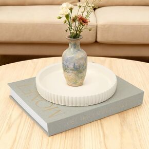 Decorative Concrete Tray & Book Set - Home Decor Scalloped Tray & Linen Storage Box for Coffee Table, Bookshelf, or Dining Room - Modern & Functional Housewarming Gift (Green+Beige) in Kuwait