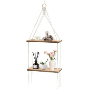 رف نباتي معلق من طبقتين من Boho Macrame، أرفف خشبية معلقة على الحائط، حبل قطني لعرض صور النباتات، رفوف تخزين معلقة لغرفة المعيشة وغرفة النوم المنزلية in Kuwait