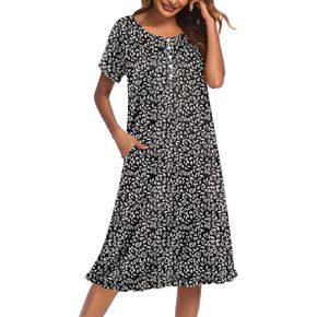 Ekouaer Womens Nightgown Floral Print Moo Moo Dresses with Pockets Button Front Short Sleeve Muumuu Dress, Khaki Leaf, XXL in Saudi Arabia