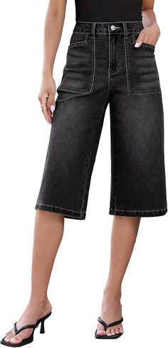 luvamia Capri Jeans for Women Wide Leg Trendy High Waisted Casual Summer Stretchy Denim Culottes Capri Pants with Pocket in Saudi Arabia