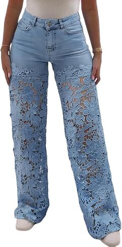 CHICME Women's High Waist Jeans Lace Spliced Stretchy Zipper Wide Leg Pants with Pockets Hollow-Out Baggy Jeans in Saudi Arabia