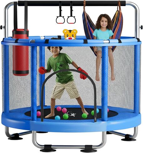 KickStart Toddler Trampoline for Kids Ages 3-8 - 5 ft Toddler Trampoline with Net, Basketball Hoop, Ocean Balls, Boxing Bag, Hammock - Indoor Trampoline for Kids, Toddler Trampoline Outdoor, Backyard in Saudi Arabia